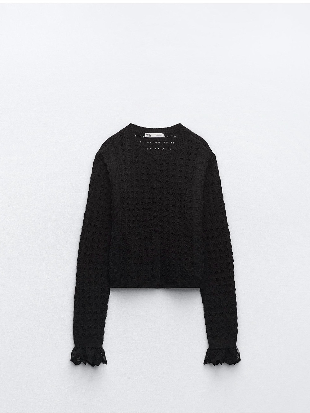 Zara Black Crochet Knit Ruffle Cuff Sweater